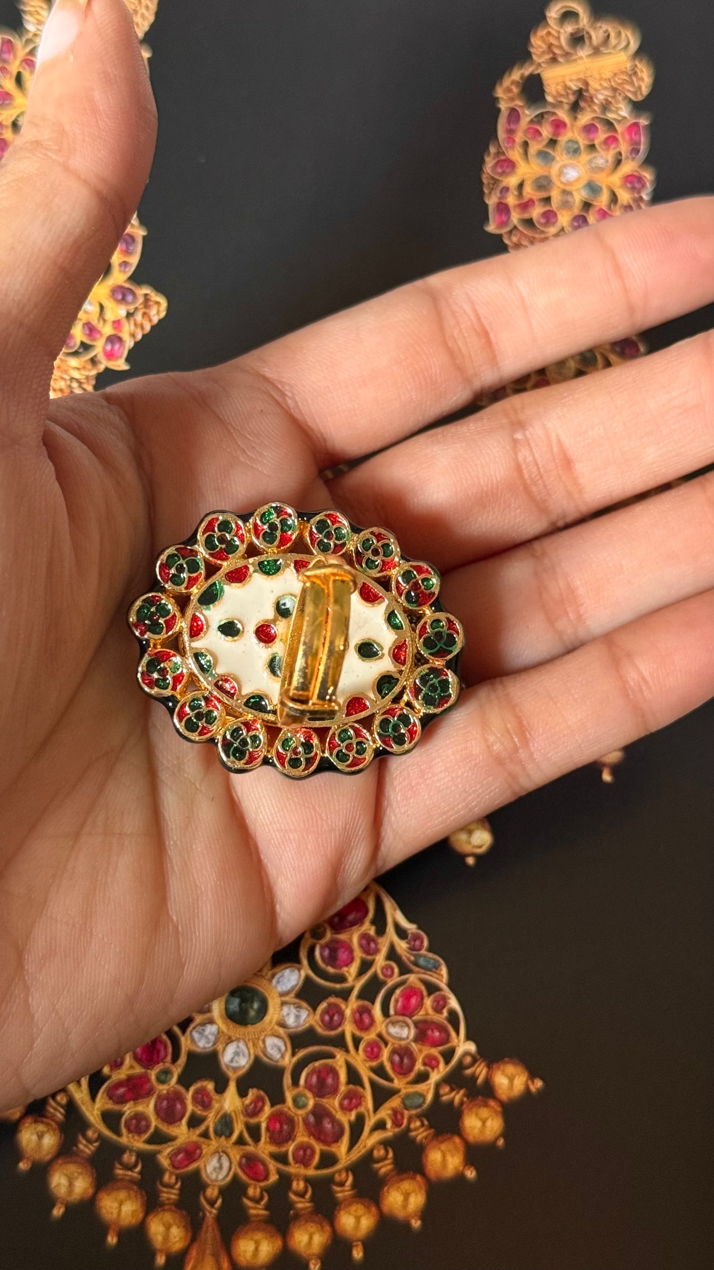 Emerald inlay & meenakari paachi adjustable ring