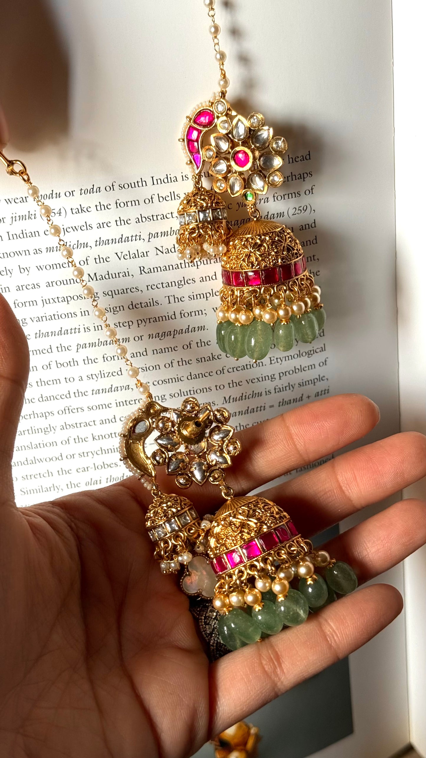 Ruby & mint rajwada jhumki with ear chain