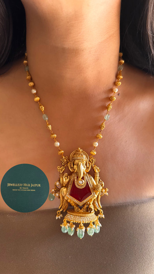 Ganeshji inspired ruby with mint drops Pendant set