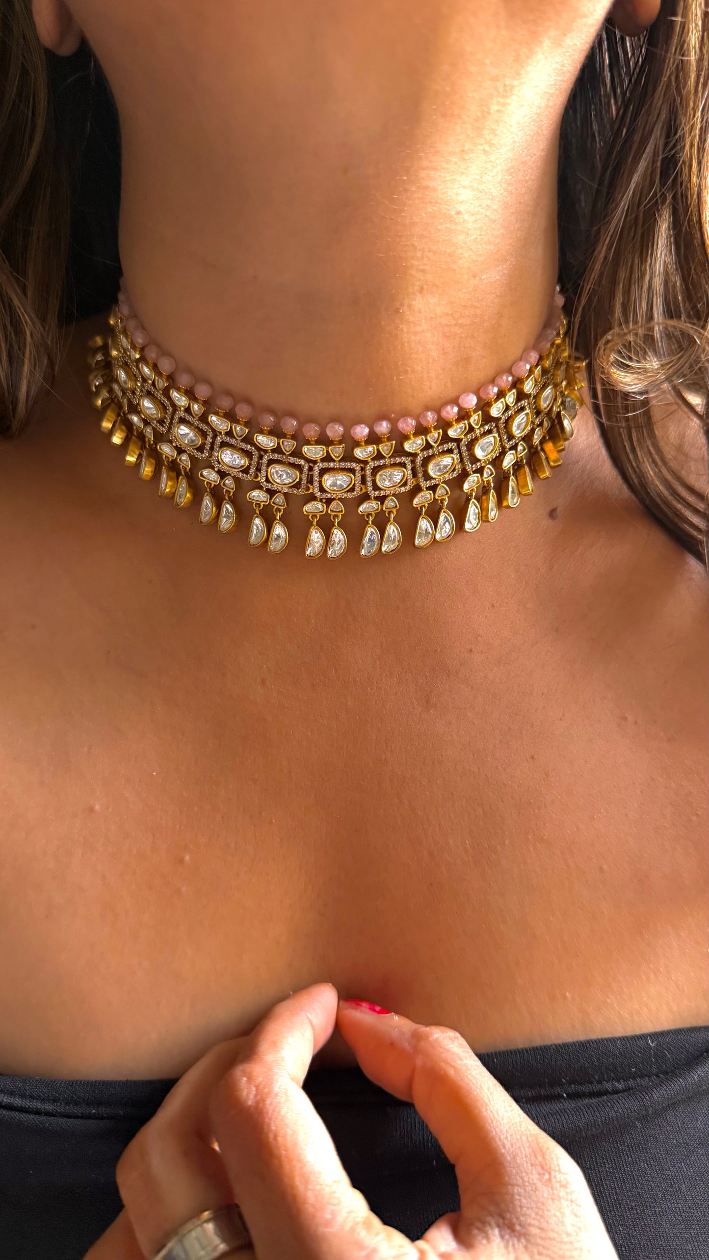 Rose quarts polki necklace