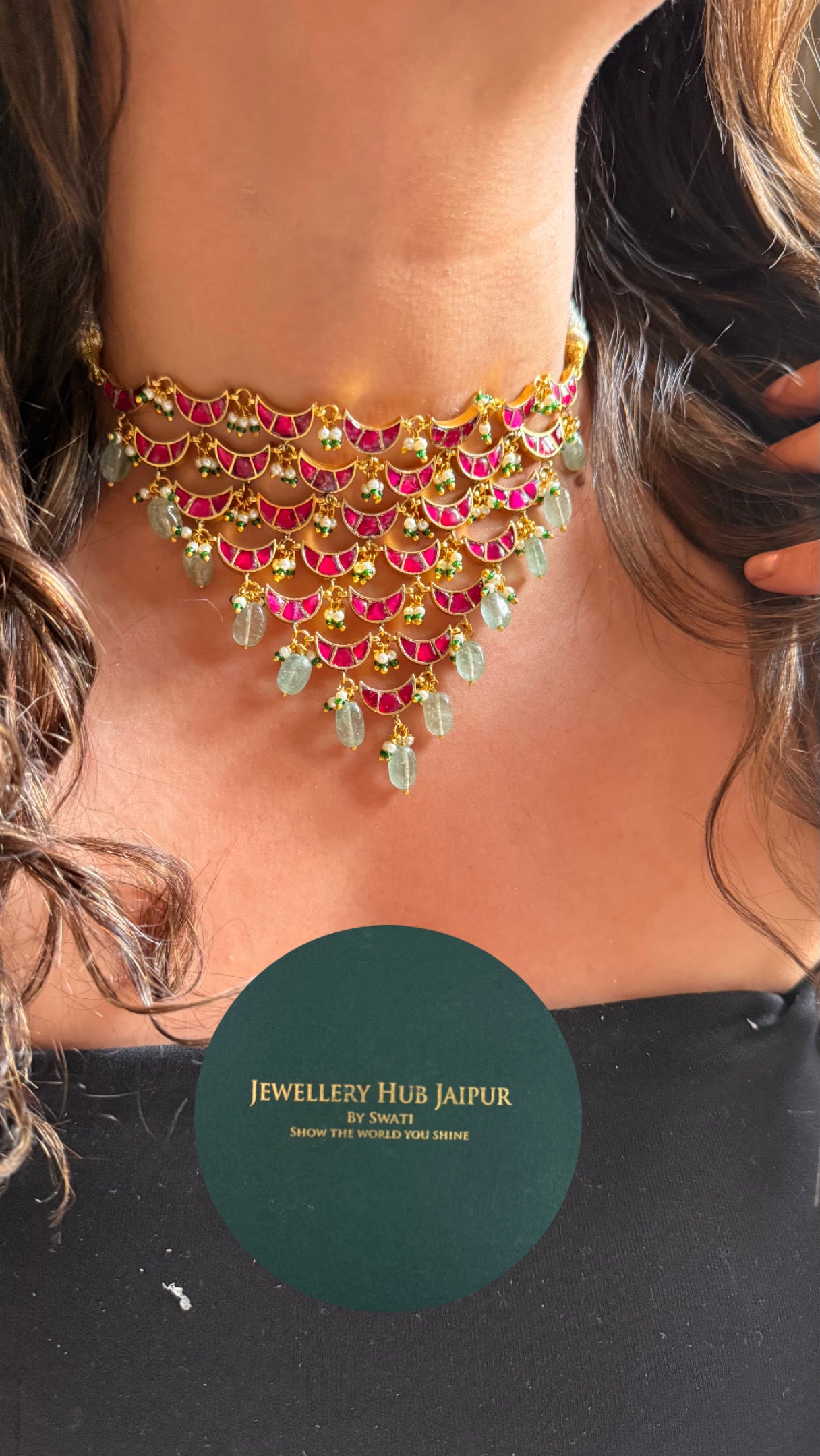 Designer half moon shape with mint wdesigner choker necklace