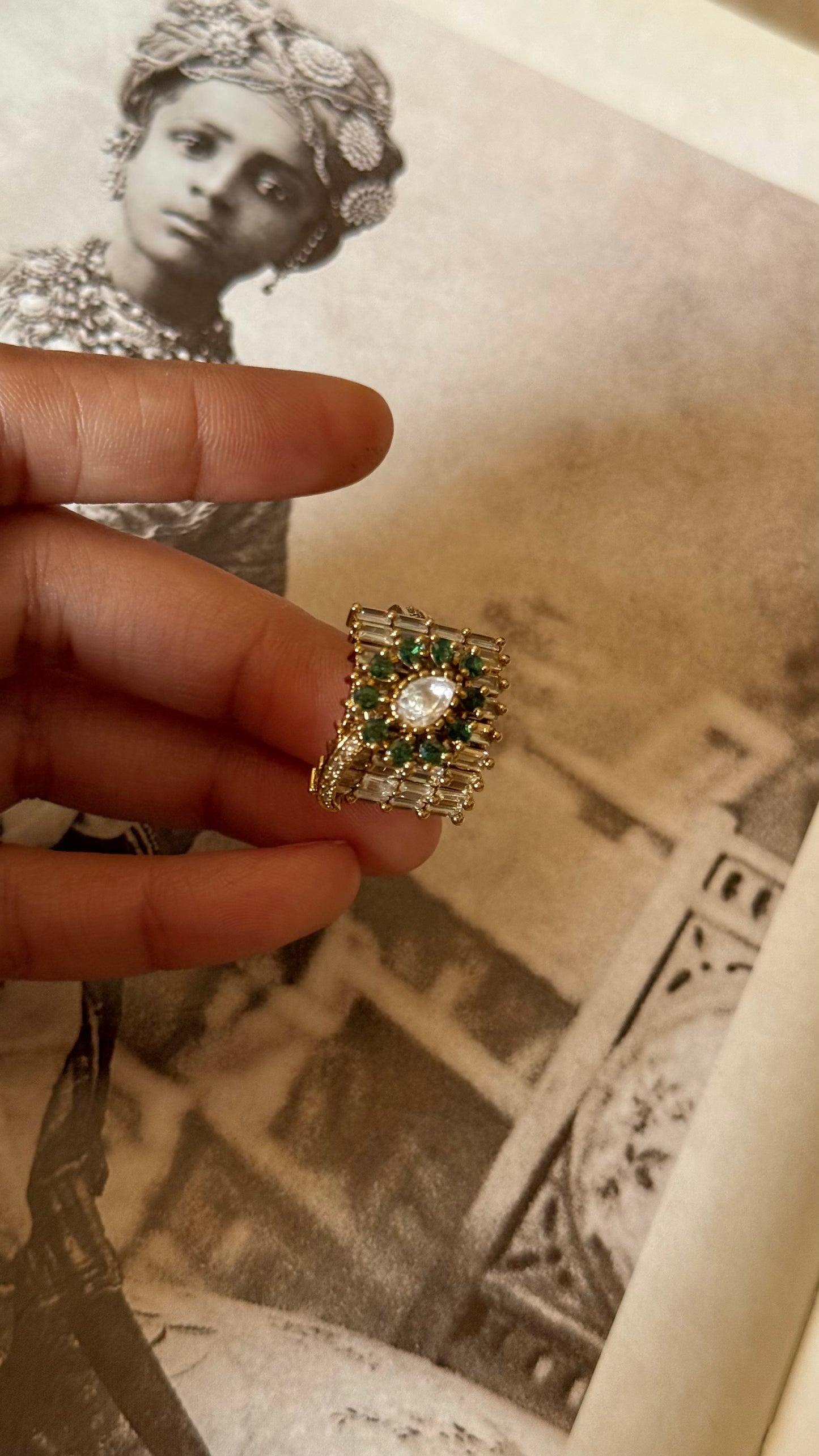 Emerald moissanite uncut polki adjustable ring