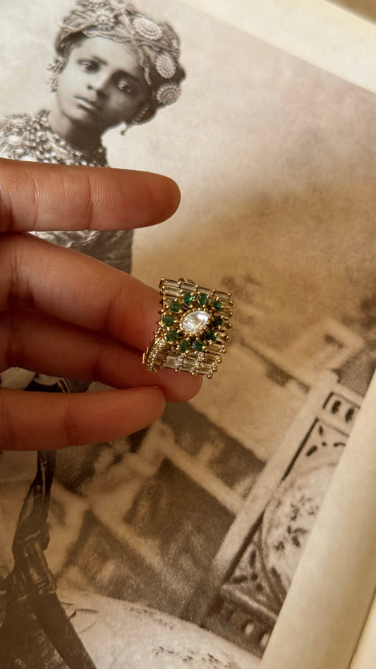 Emerald moissanite uncut polki adjustable ring