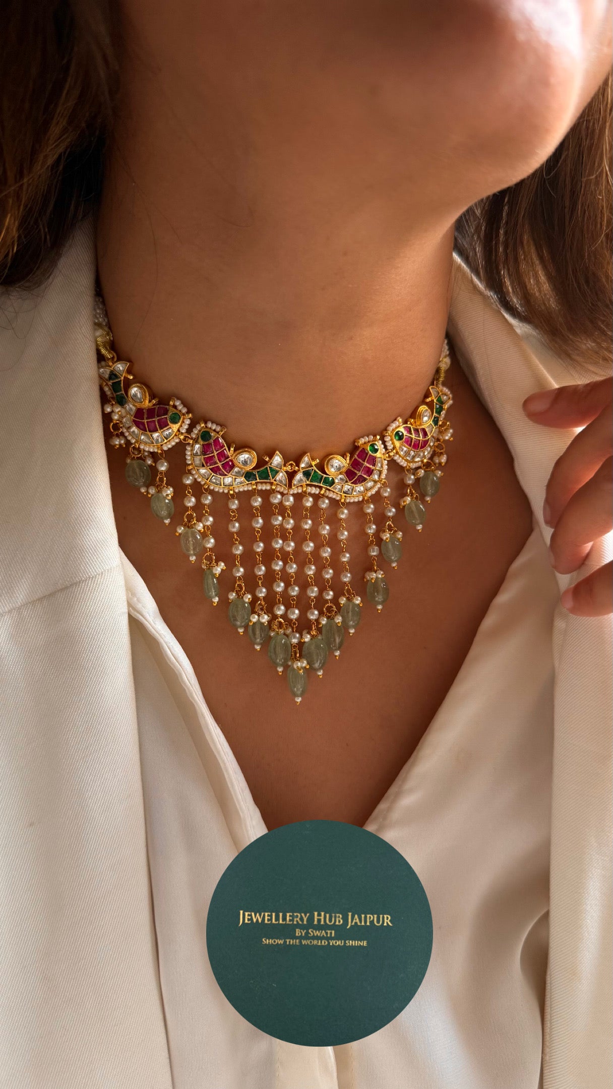 Fish inspired with pearl detailing mint drops designer Necklace