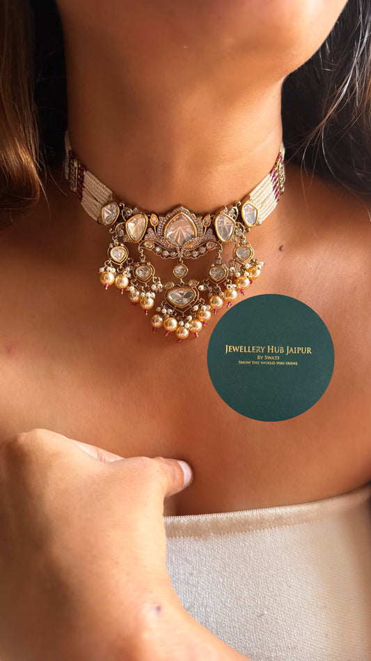 Moissanite polki & rani pink with pearl drop rajwada choker set