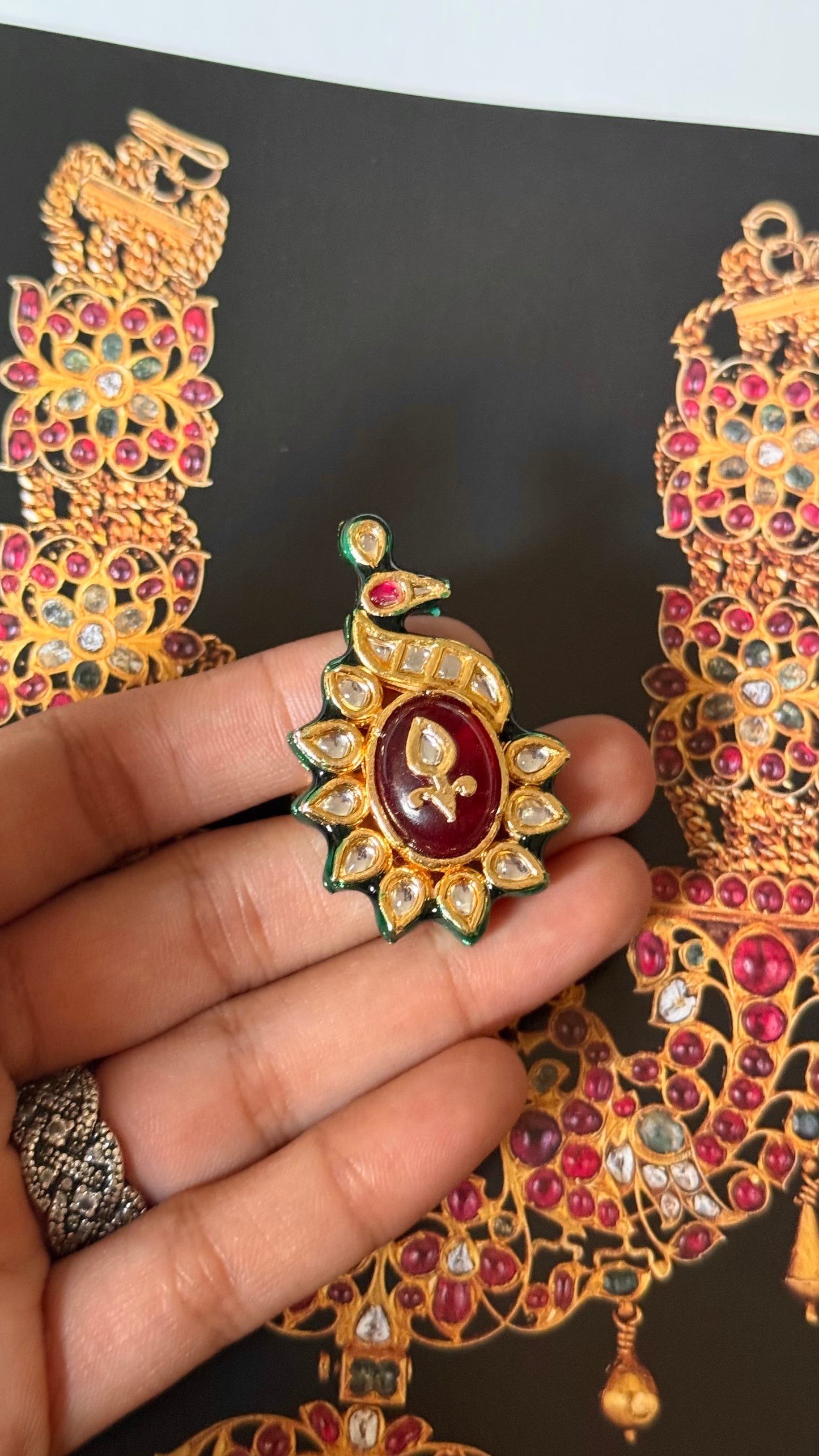 Ruby inlay with peacock design meenakari paachi adjustable ring