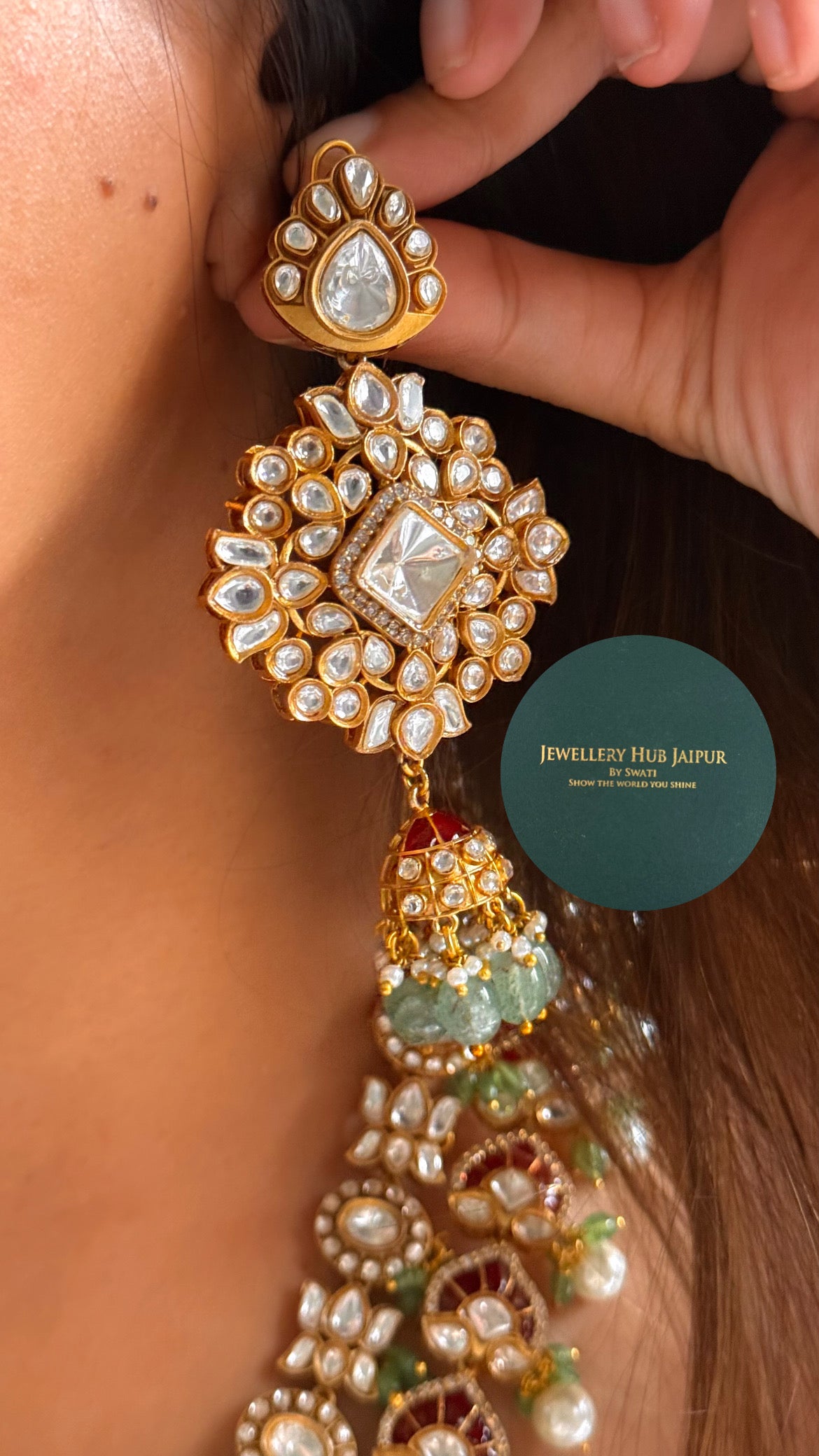 Ruby katdana & moissanite polki bridal dual layer with mint & pearl drop set
