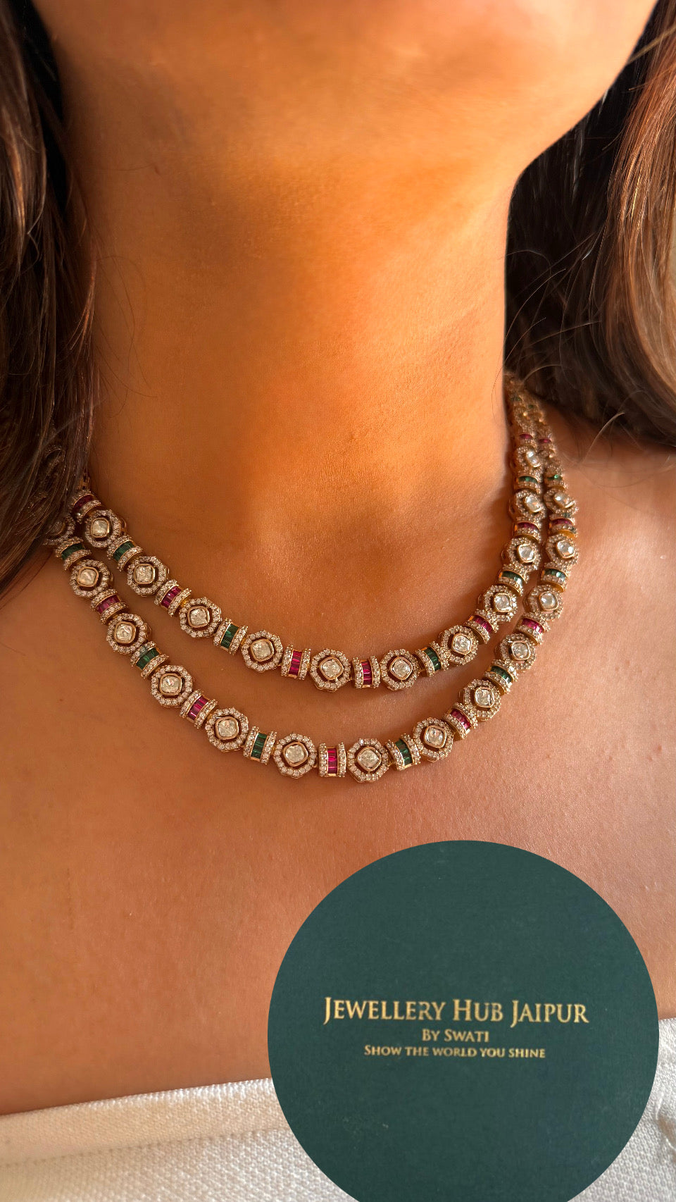 Ruby & Emerald takkar work dual line moissanite necklace
