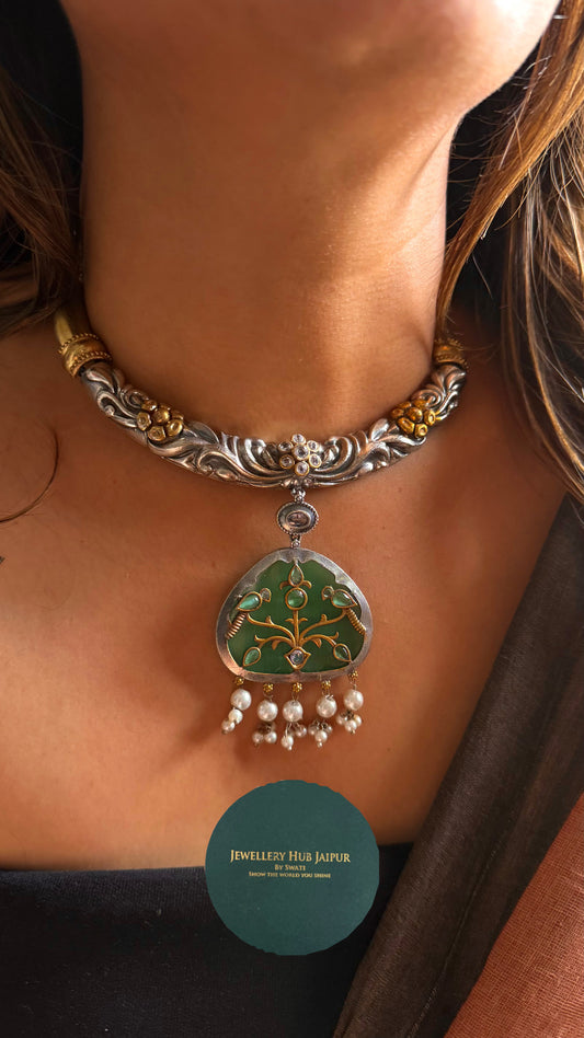 Silver & Gold Floral Saanjh tribal Hasli with mint Pendant