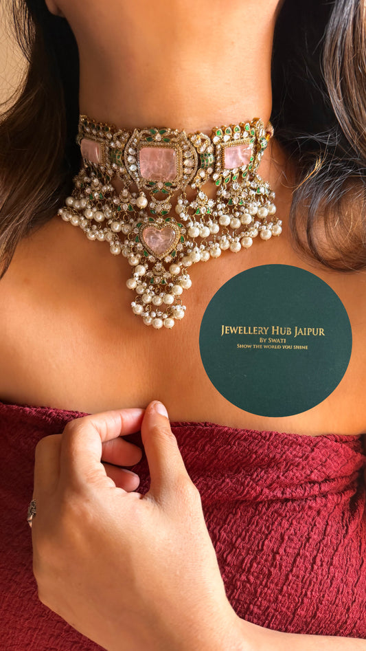 Rose quartz moissanite choker necklace set