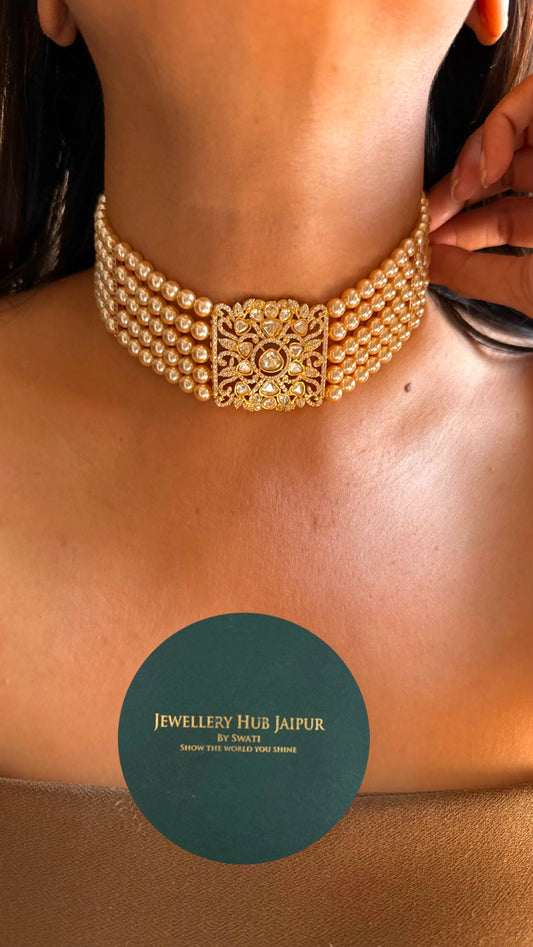 White moissanite with pearl choker set