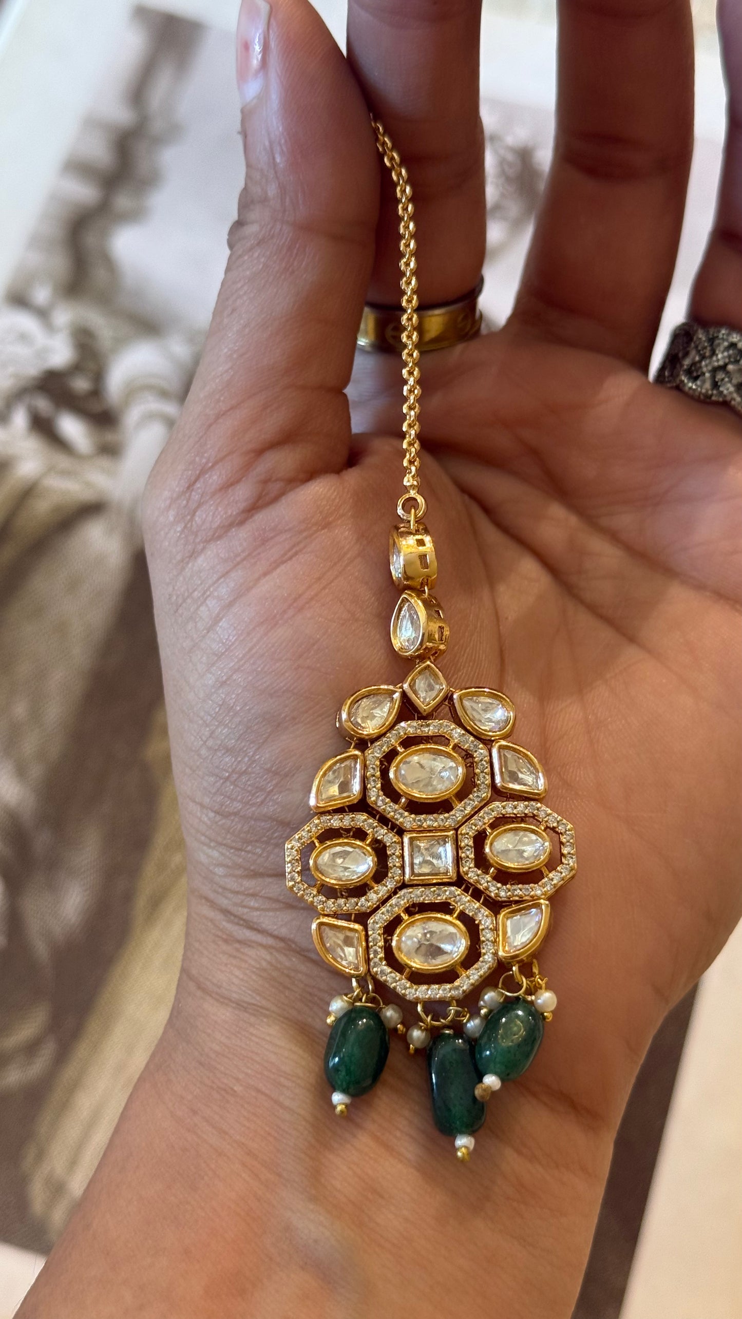 Polki maangtika with emerald drop