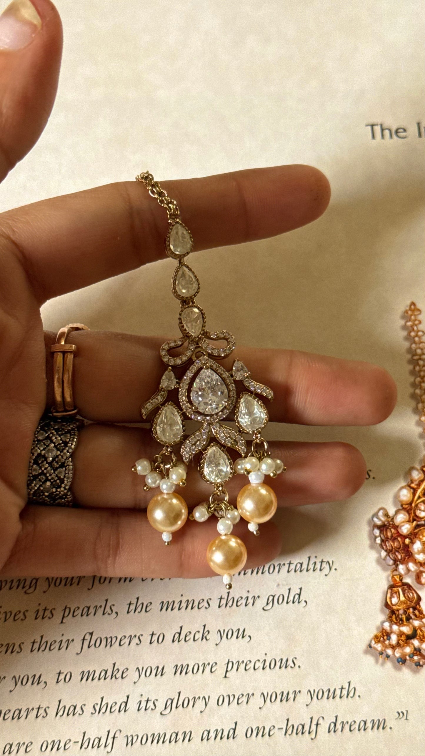 Moissanite polki with pearl drop maangtika