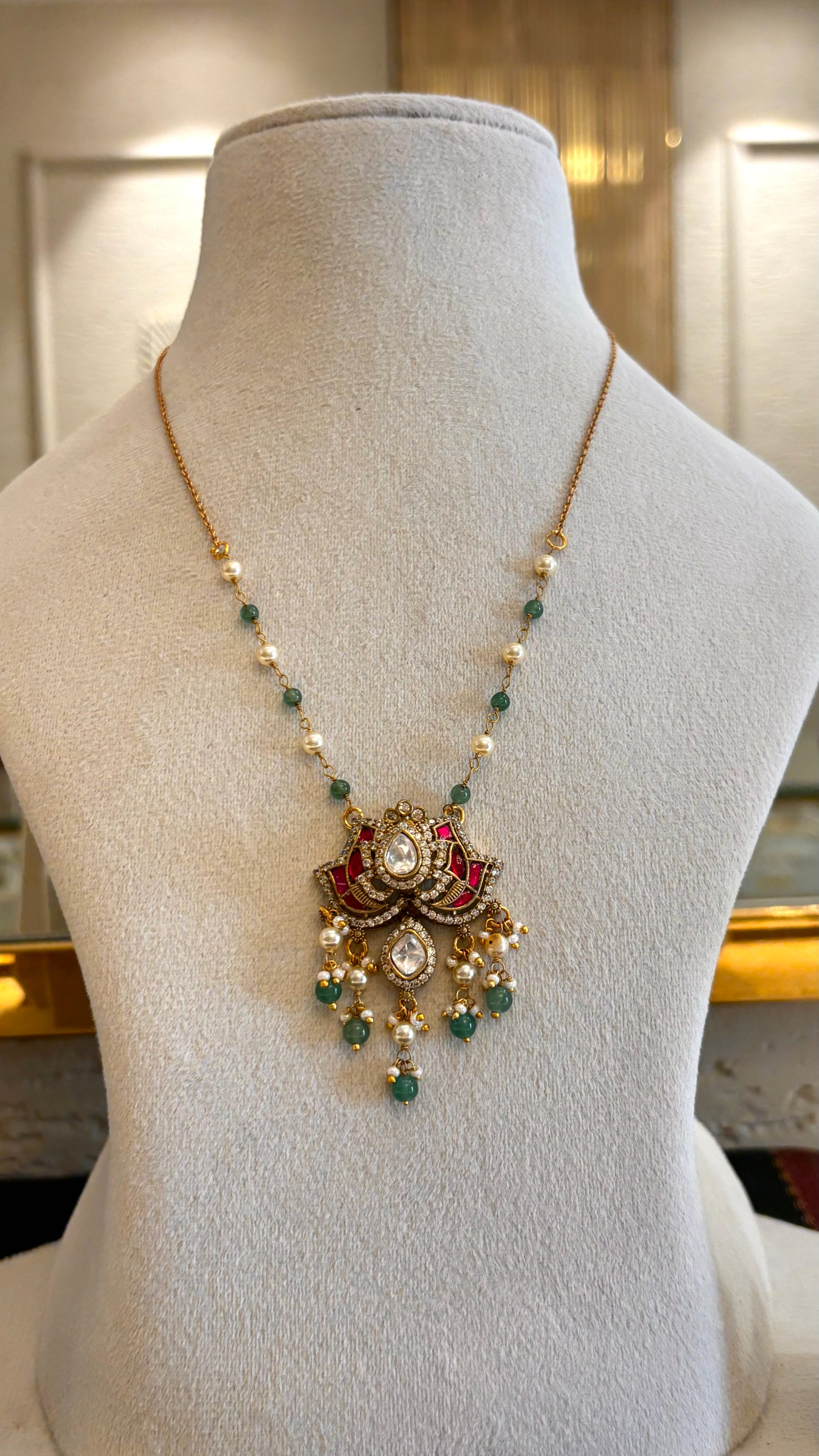 Lotus inspired rani pink & mint pearl pendant necklace