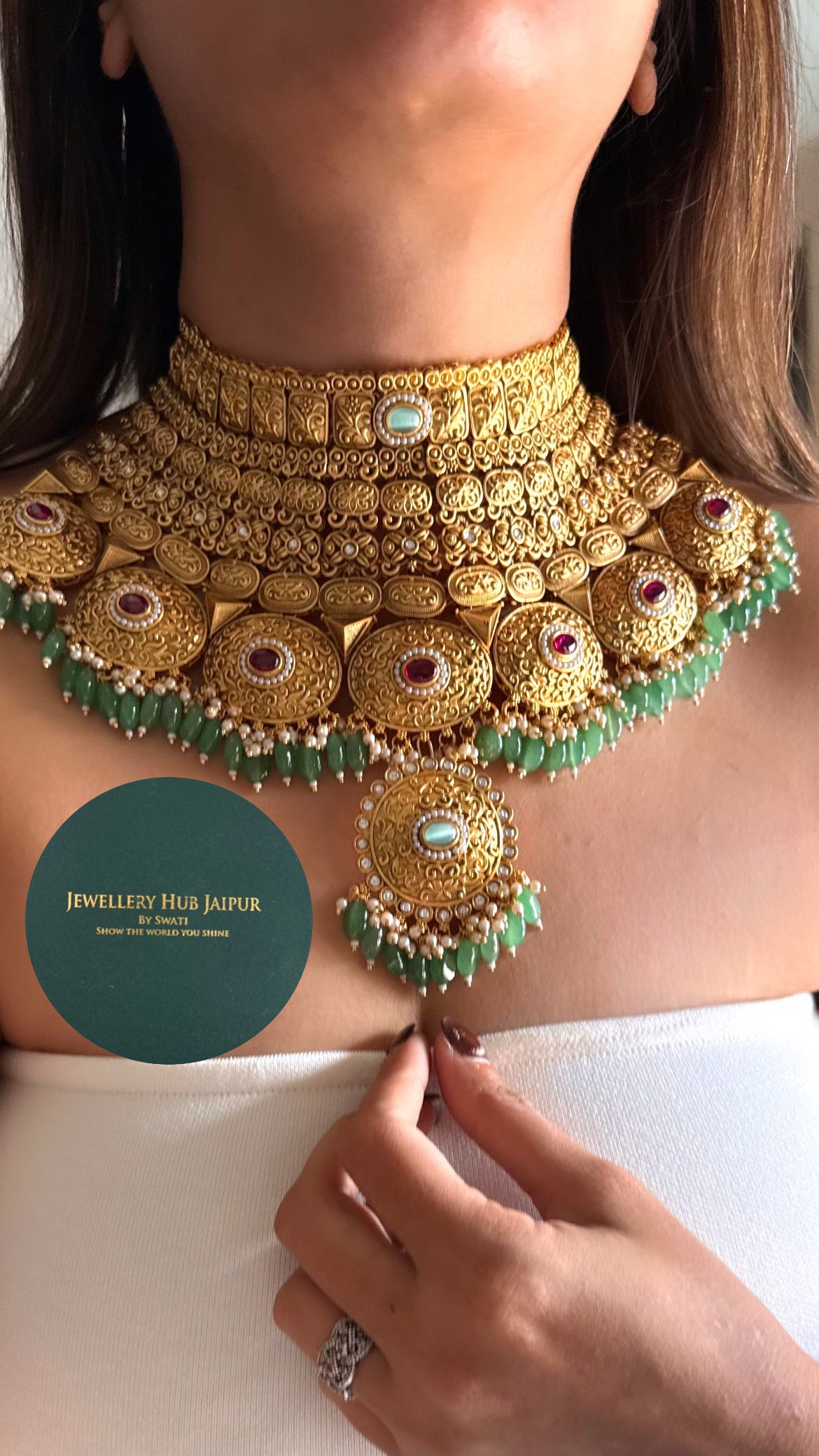 Maharani gold rani pink & mint bridal choker set