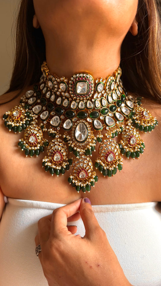 Emerald & ruby uncut polki designer bridal set