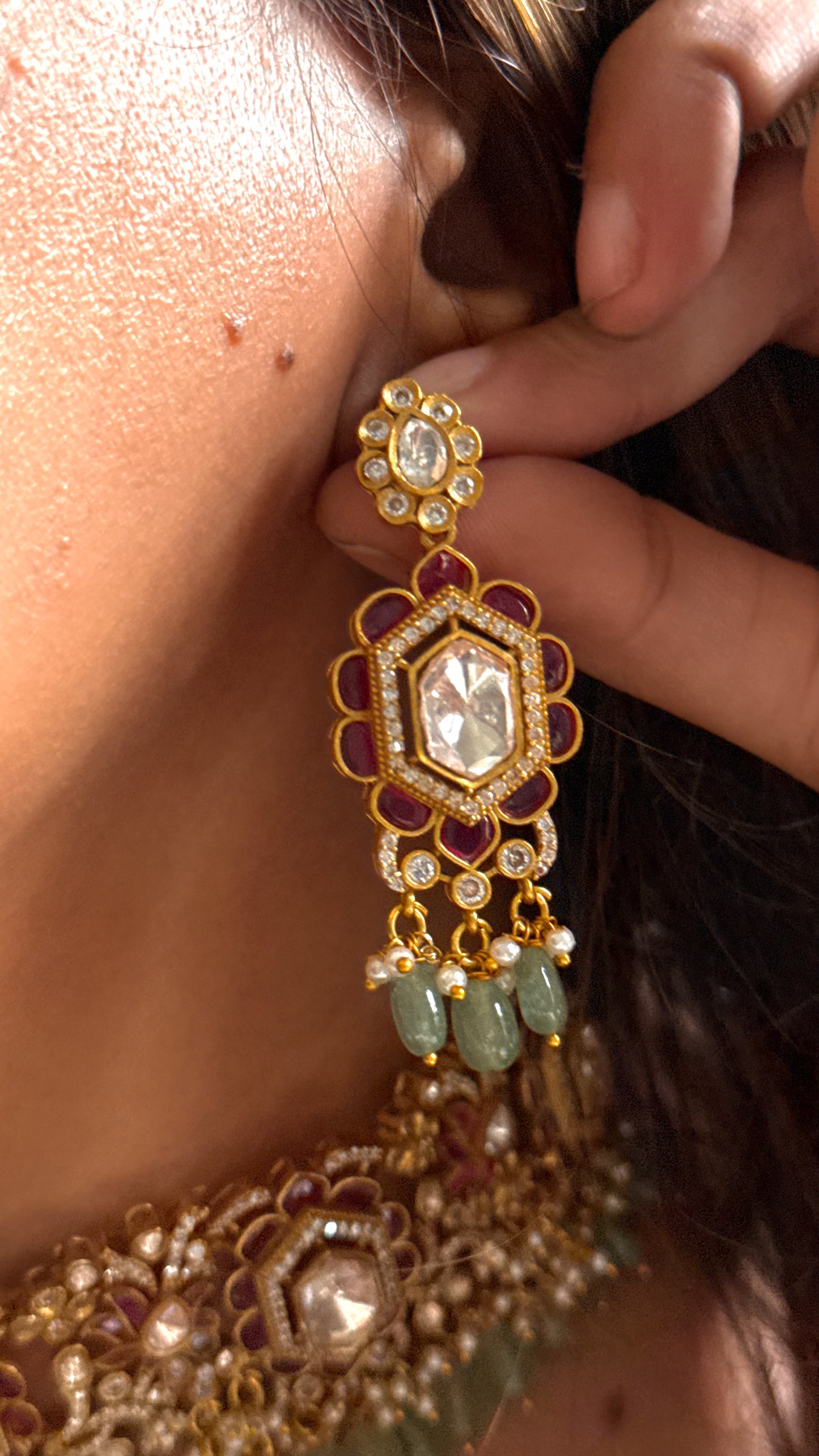 Ruby Takkar work polki necklace with mint detailing