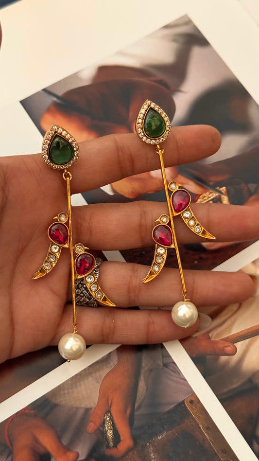 Emerald & rani pink peacock  earrings