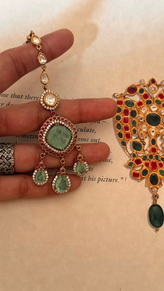 Mint doublet & rani pink moissanite uncut maangtika