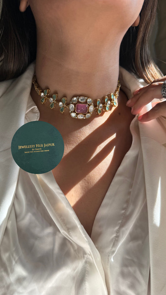 Rose quarts & Mint choker minimal set