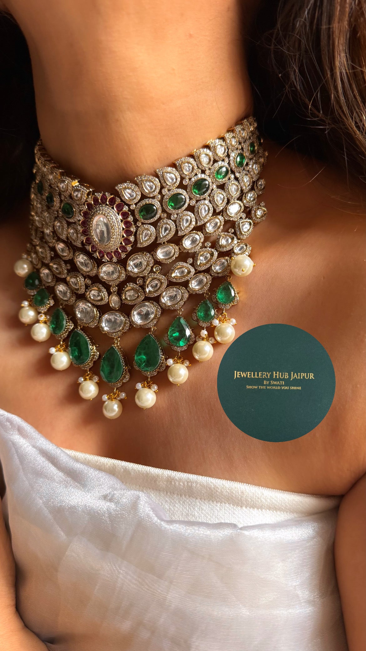 Emerald doublet & rani pink moissanite polki Victorian bridal choker set