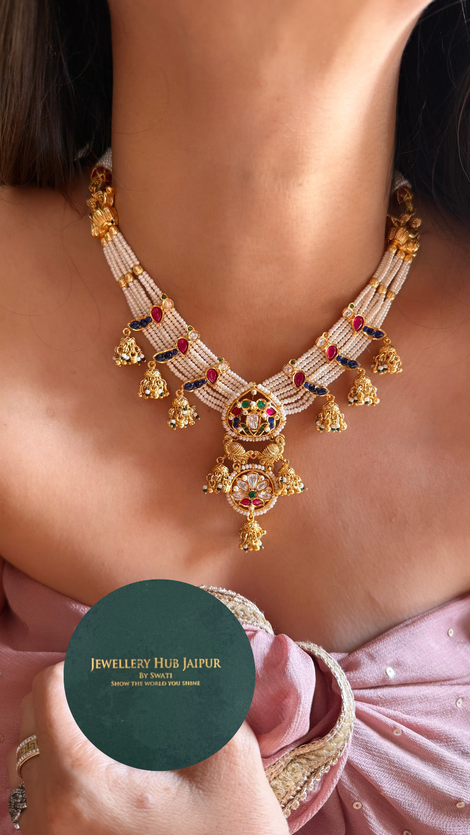 Real Moissanite Rajwada peacock emerald mix polki necklace