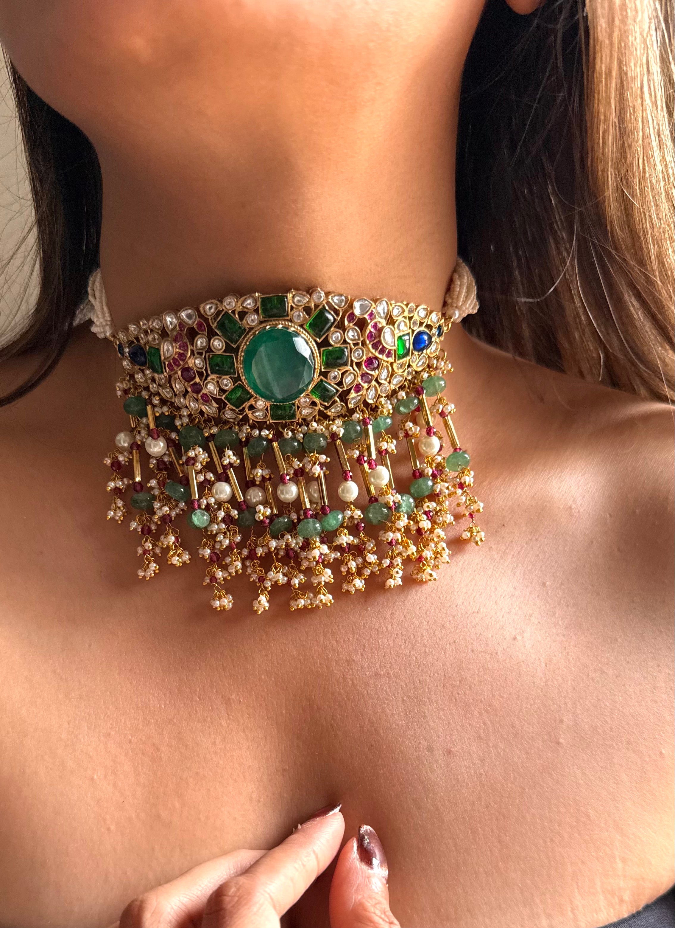 Emerald doublet & rani pink, sapphire moissanite choker