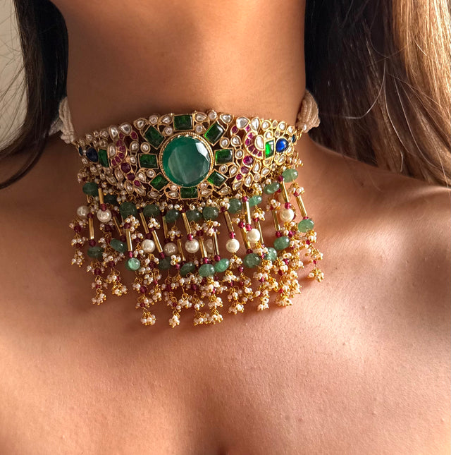 Emerald doublet & rani pink, sapphire moissanite choker