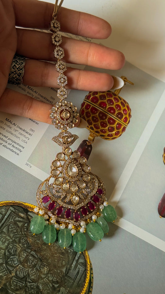 Rani pink moissanite polki with mint drop maangtika