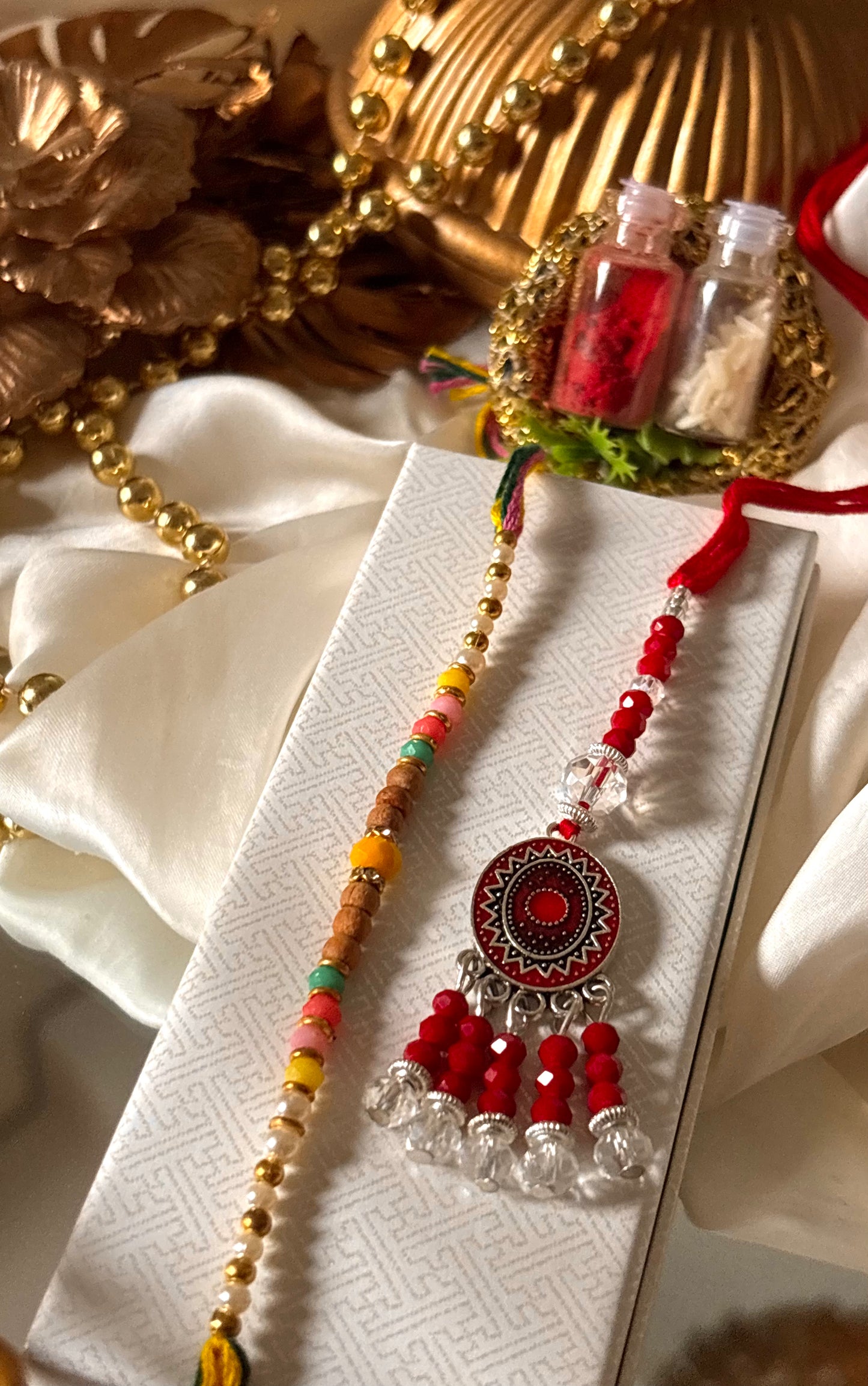 Bhaiya bhabhi lumba red nakashi oxidised rakhi ( shipping will be extra )