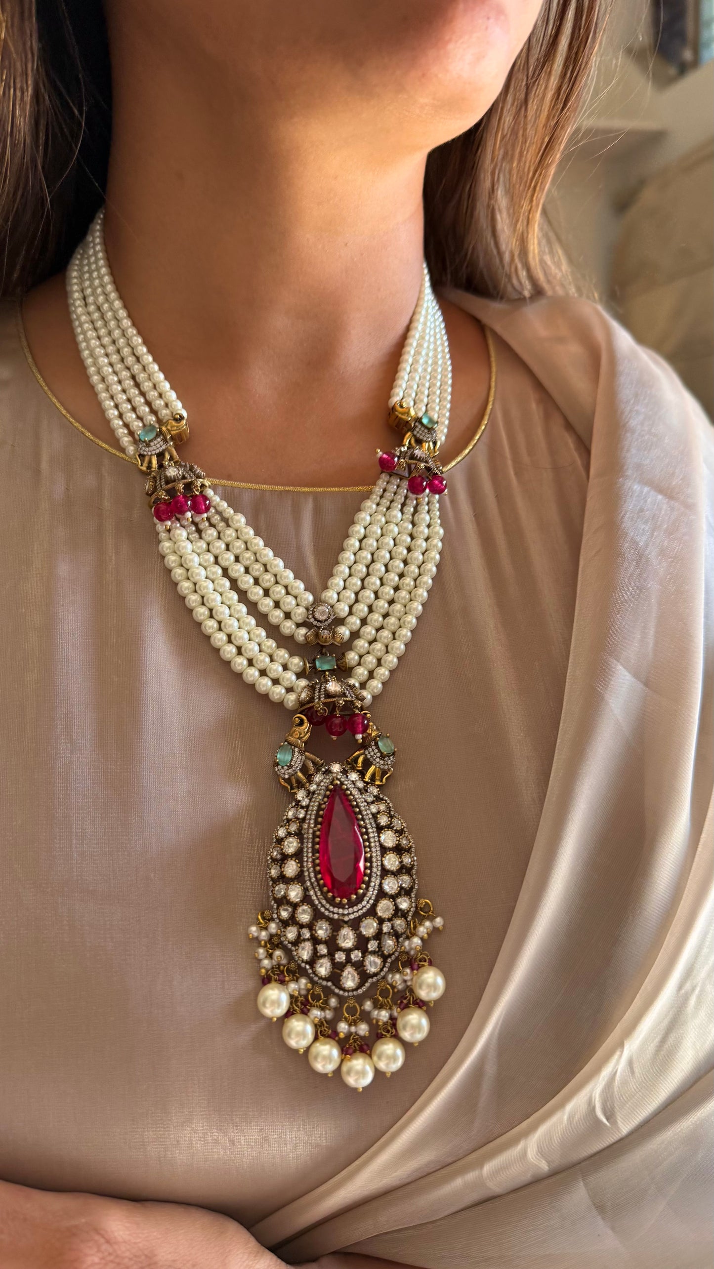 Ekisha Gajanand rani pink & emerald moissanite rani haar