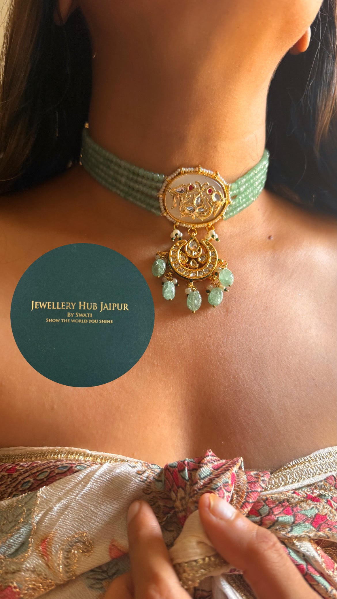 Rose quartz inlay work with mint drops & emerald meenakari paachi choker set