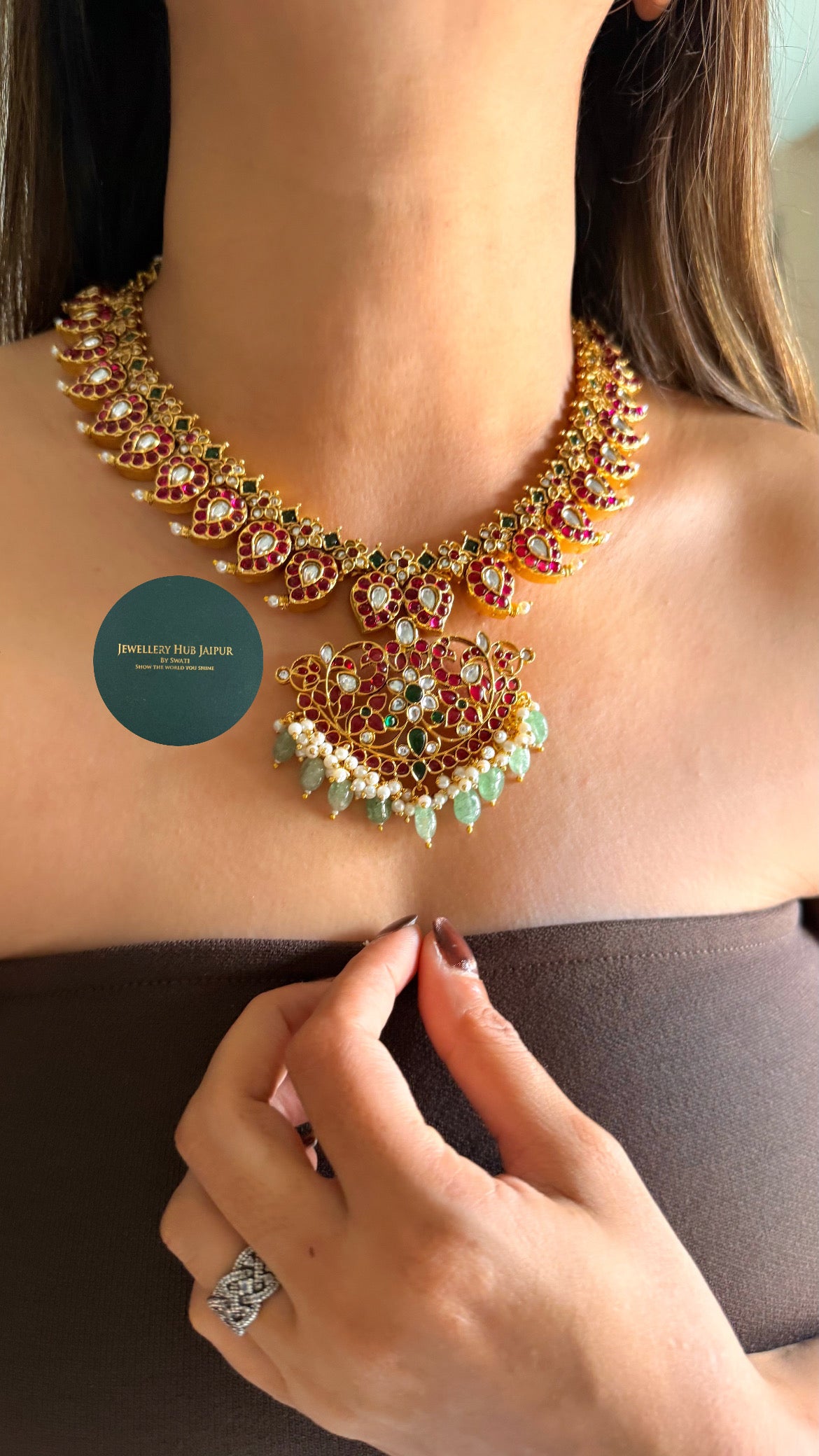 Jahanvi Rani pink & mint keri design temple jewellery set