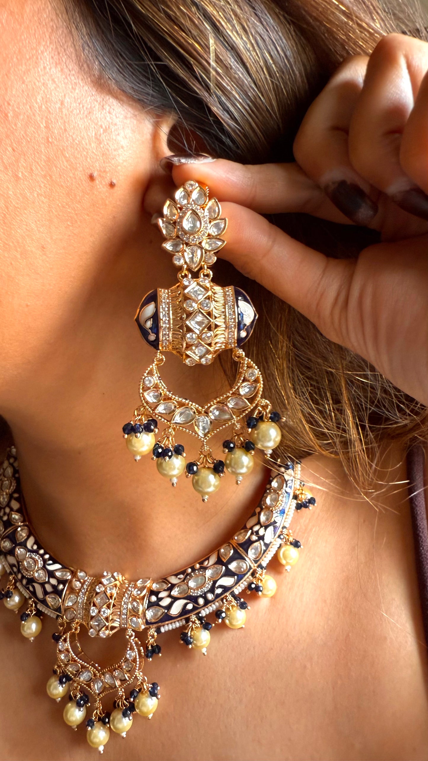 Sapphire meenakari moissanite with pearl drop
