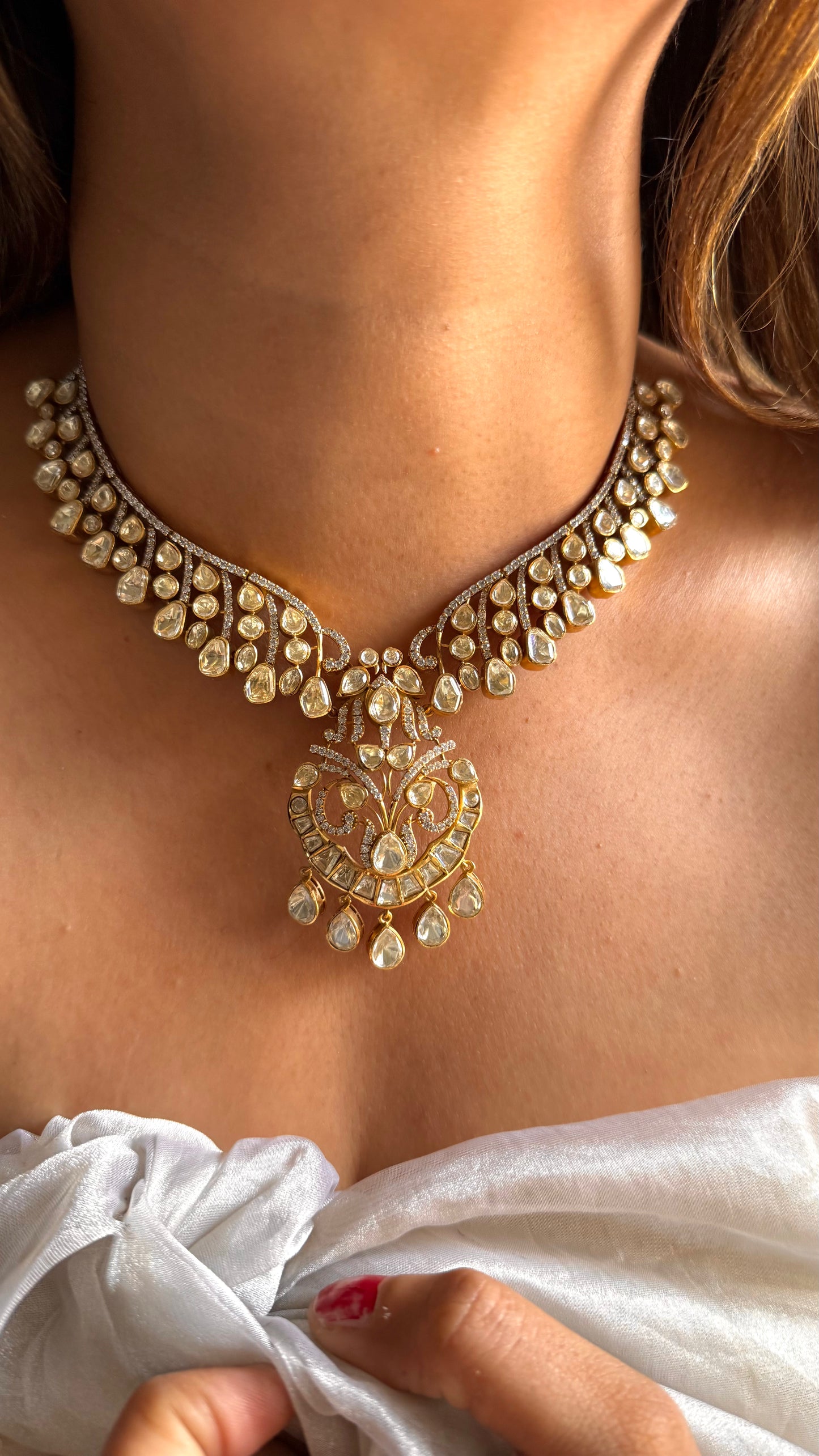 Real Moissanite (peeli polki- Lv Shade) designer Victorian necklace