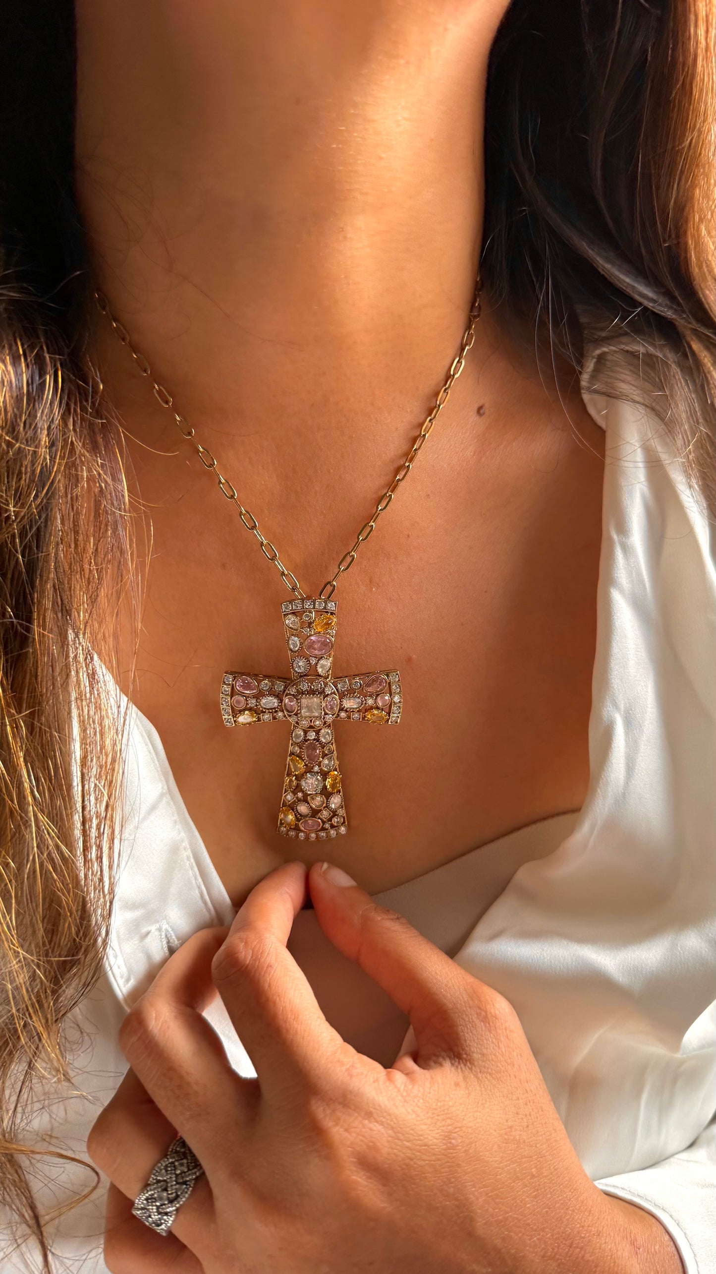 Sabyasachi inspired Rose Quartz & topaz Cross Set