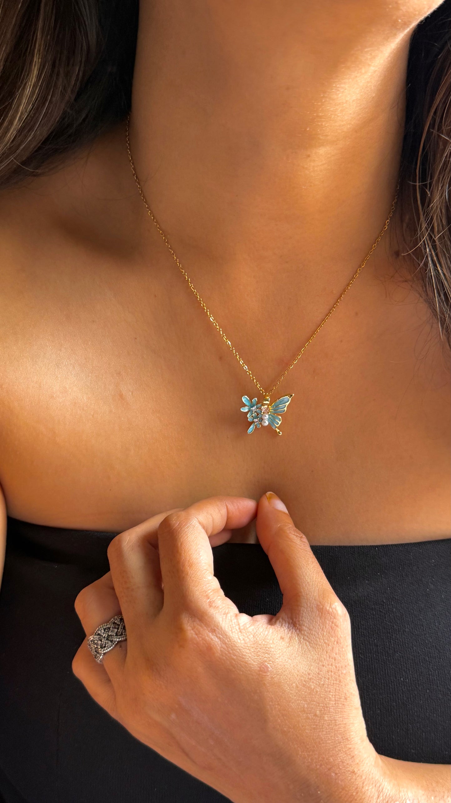 Dainty Enamel and Crystal Butterfly Necklace