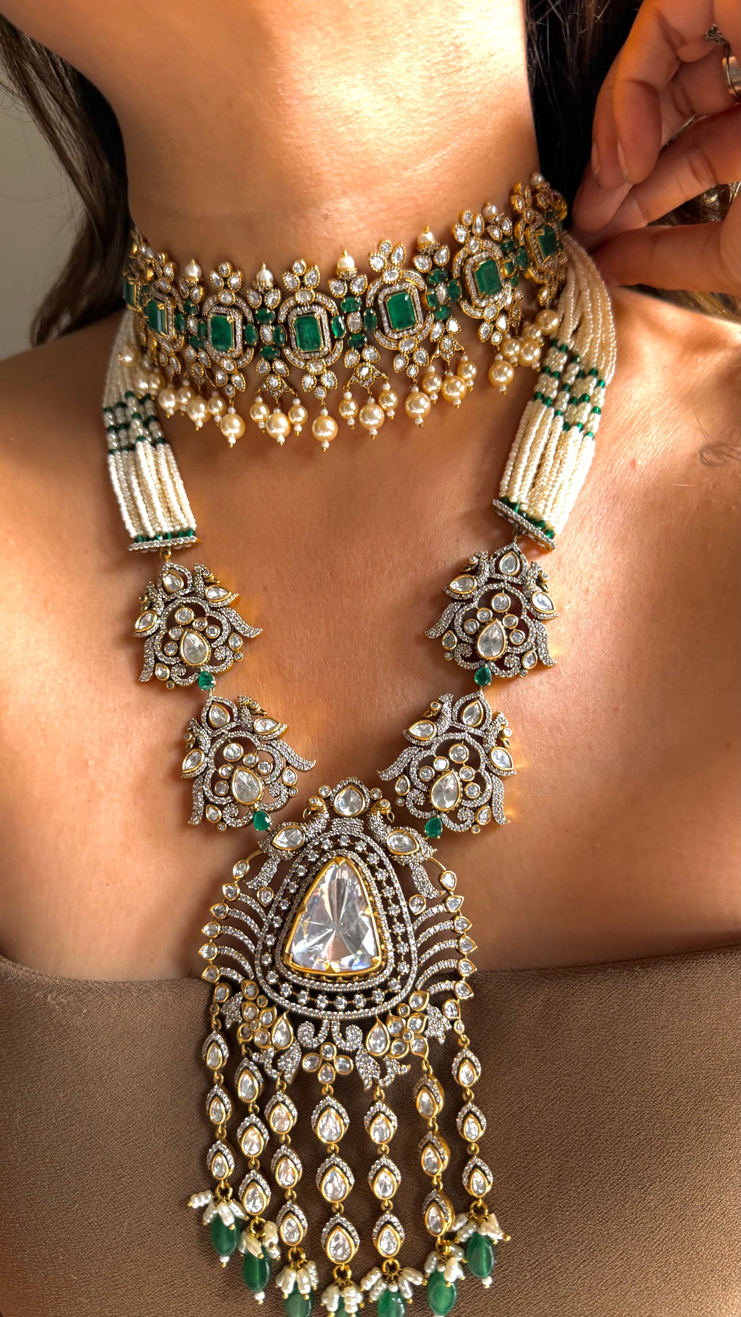 Emerald long uncut polki necklace & choker combo