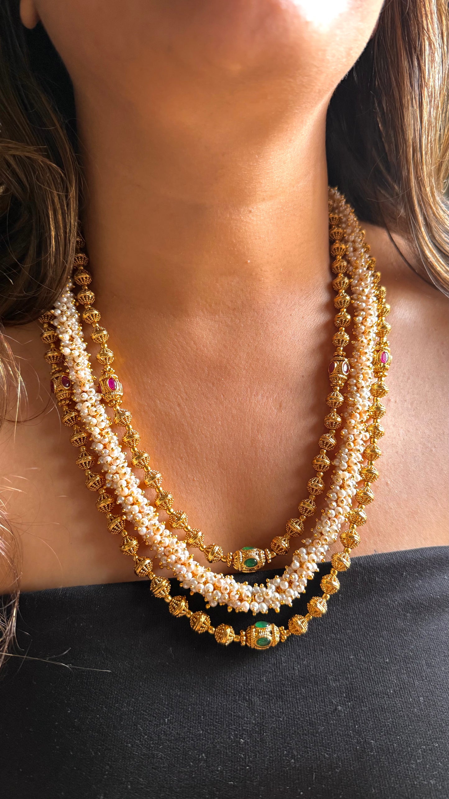 Heritage Gold balls & Mogra necklace in teiple line