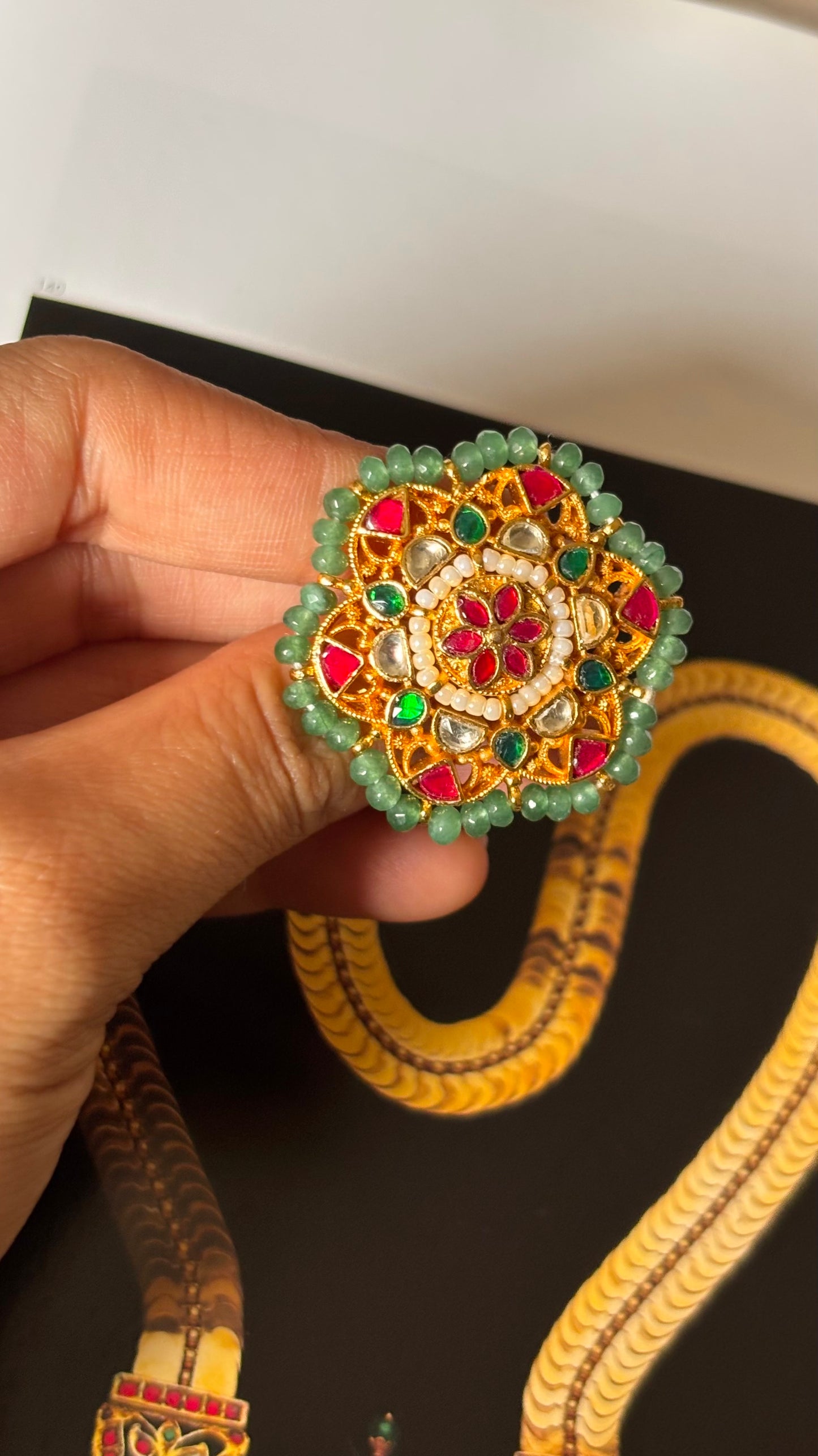 Floral nakashi Paachi Kundan adjustable ring