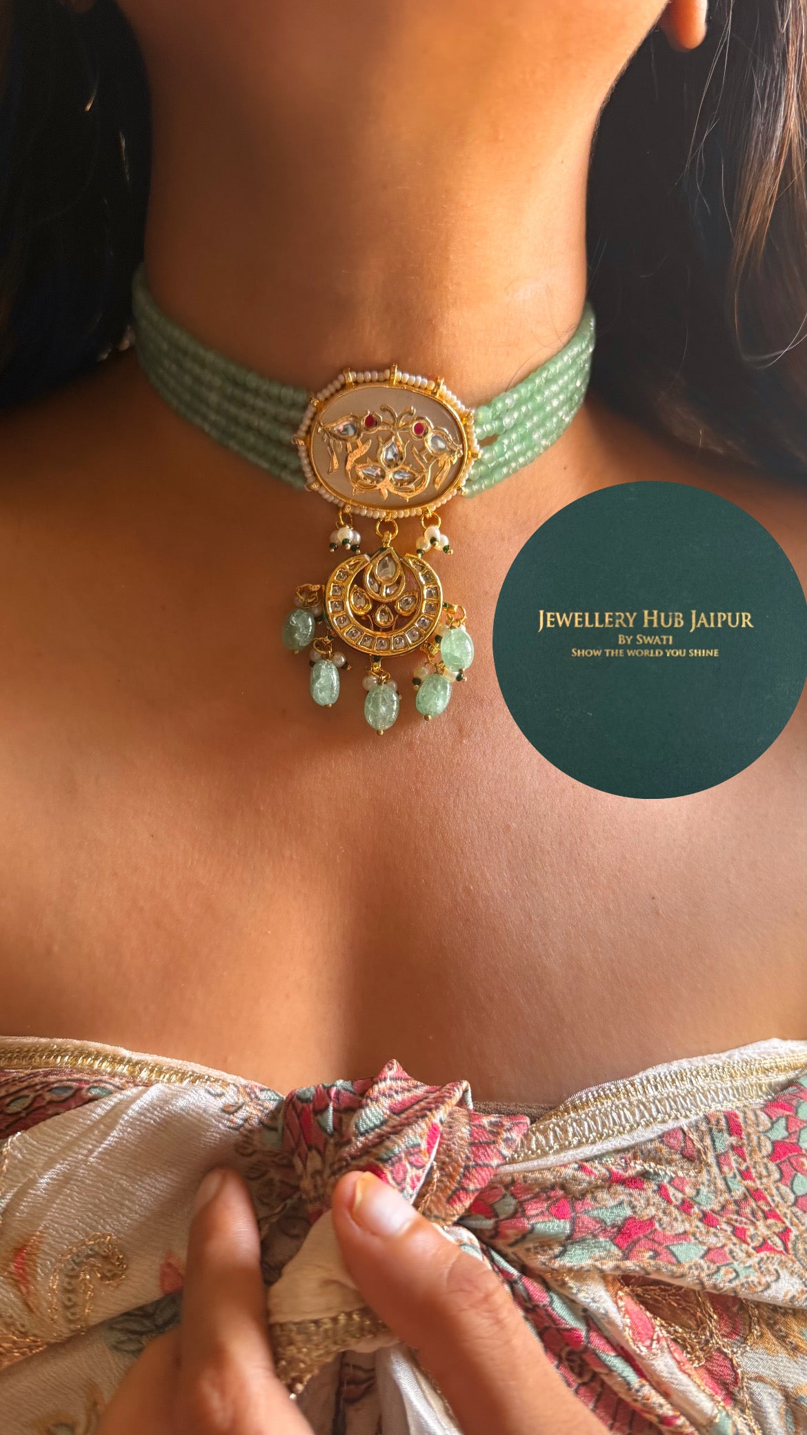 Rose quartz inlay work with mint drops & emerald meenakari paachi choker set