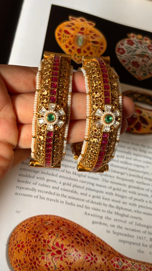 Emerald & Ruby with floral rajwada openable bangles