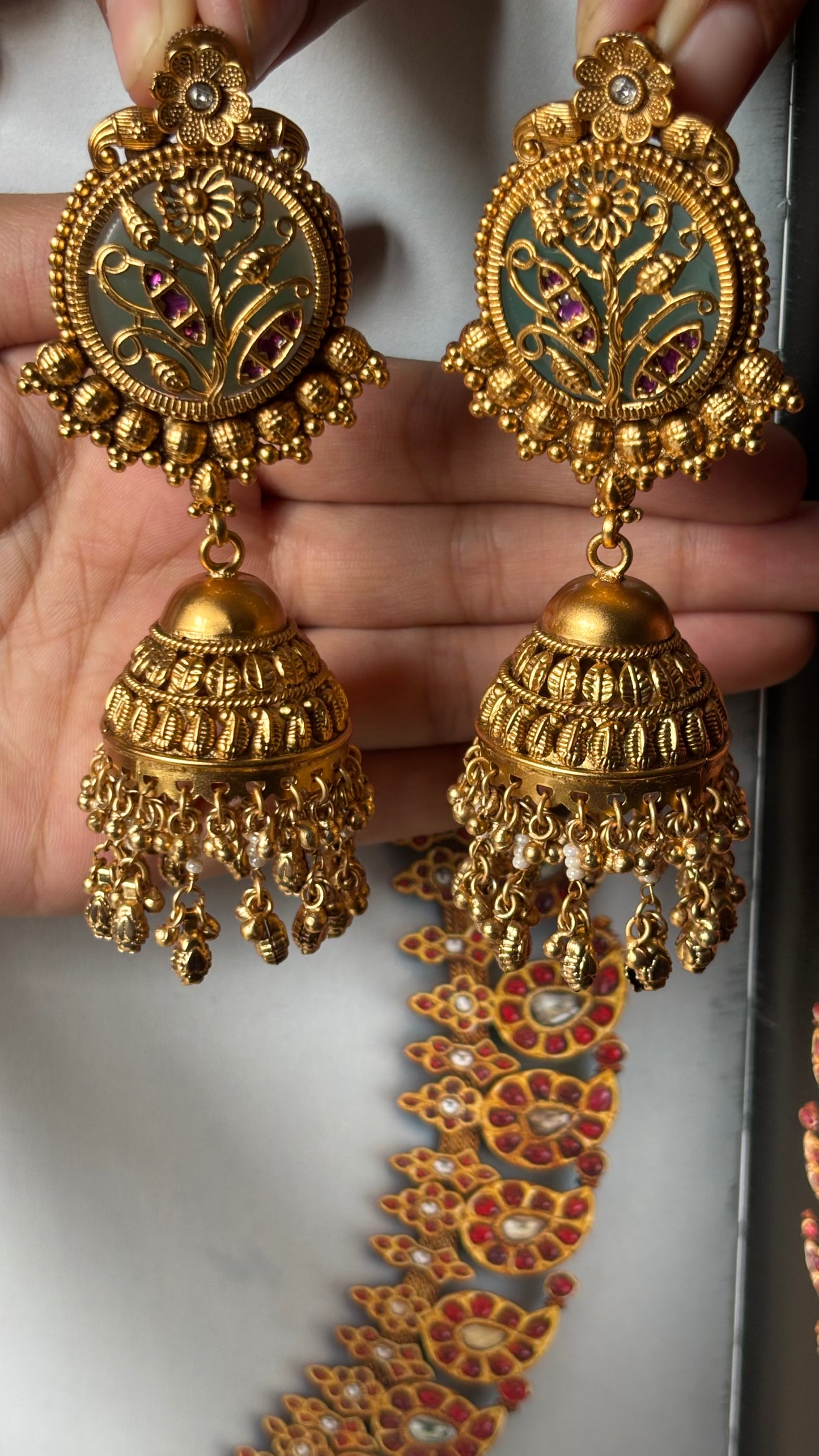 Mint inlay nakashi rani pink golden jhumki earrings