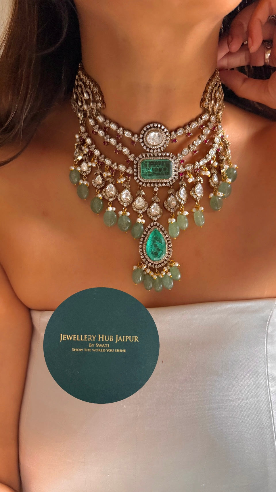 Mint doublet uncut polki triple line choker with mint drops