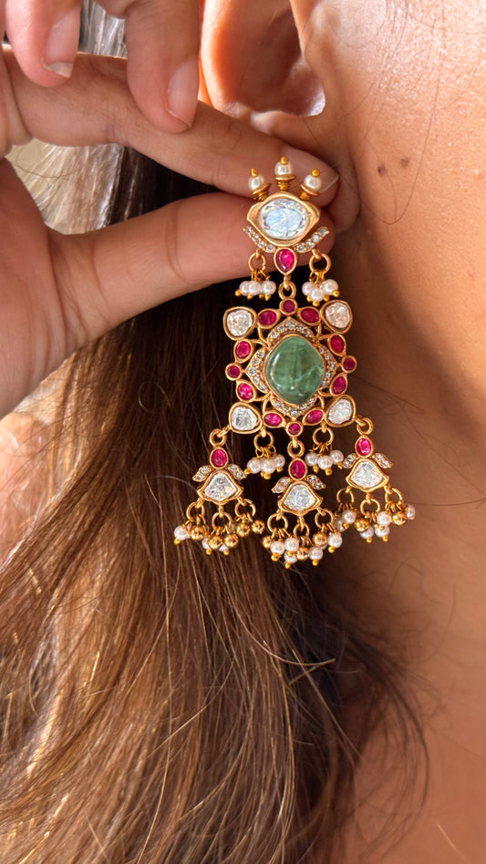 Mint, natural stone and Ruby moissanite danglers