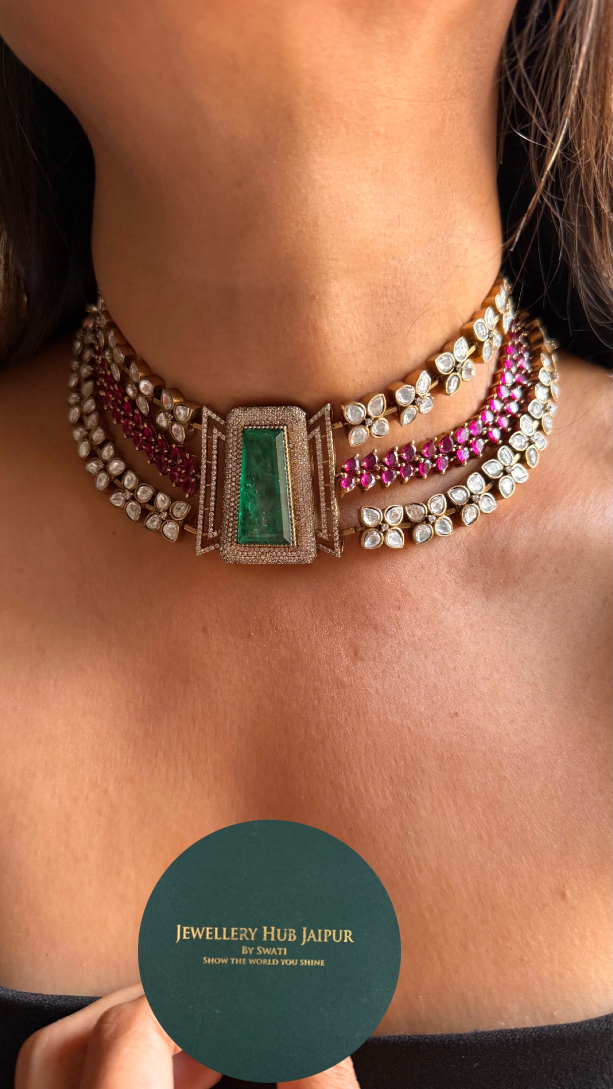 Emerald doublet & rani pink takkar work designer Necklace