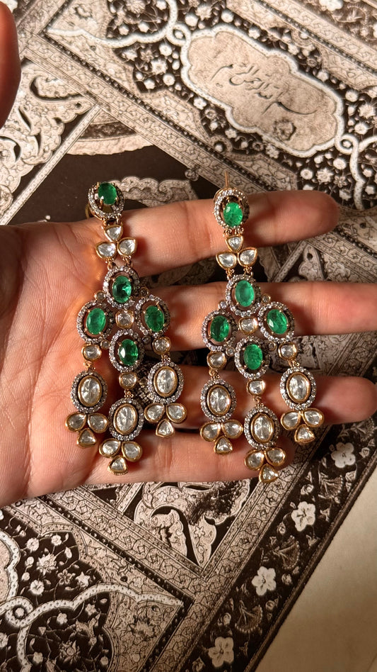 Emerald doublet & moissanite uncut polki Victorian danglers