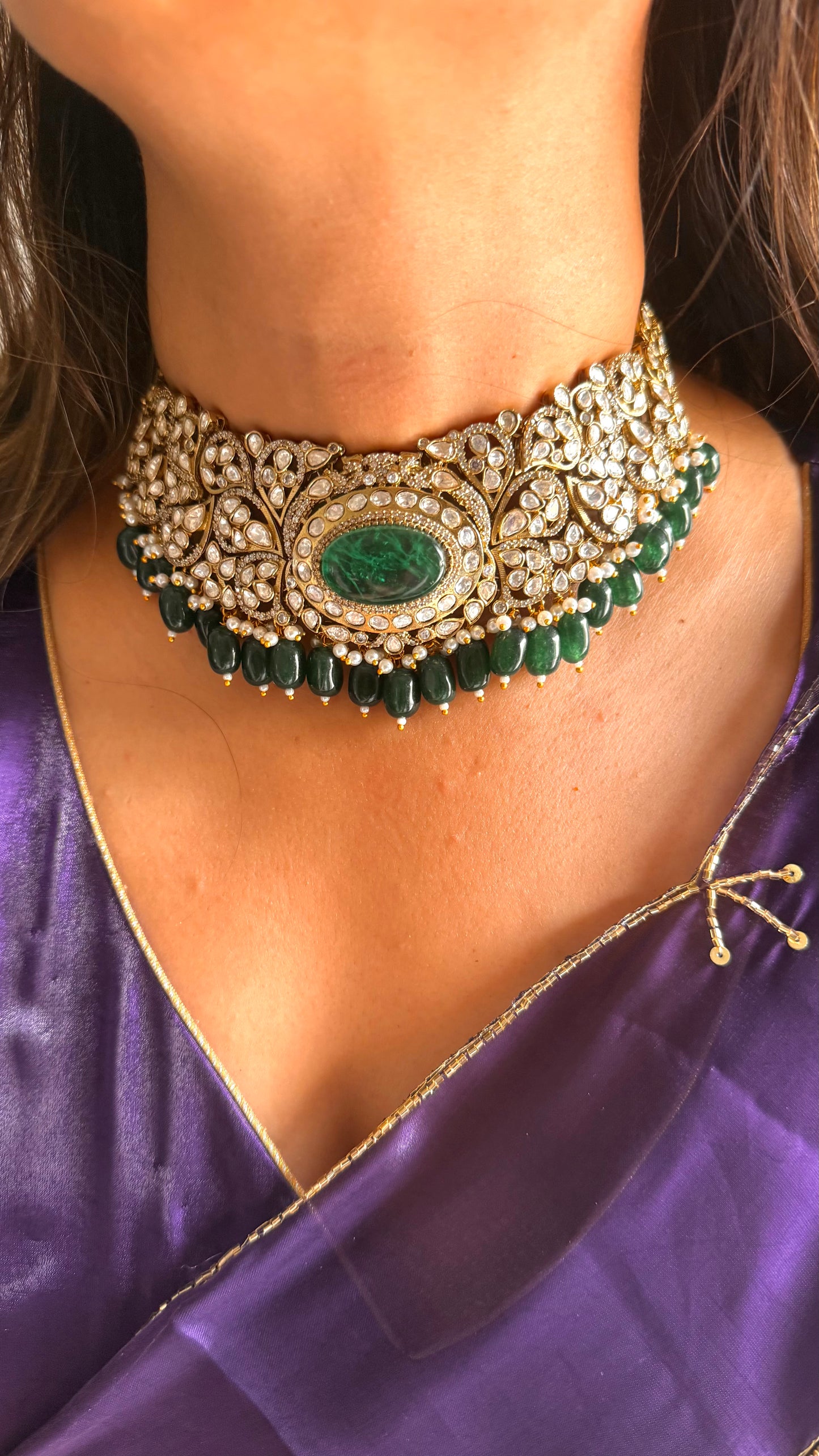 Emerald doublet moissanite choker