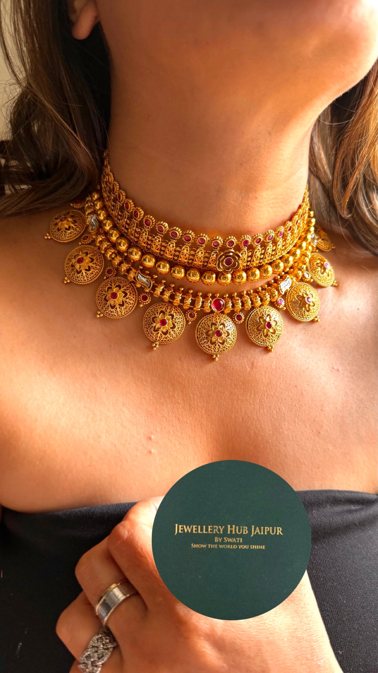 Ruby floral dull gold Rajwada Combo necklace