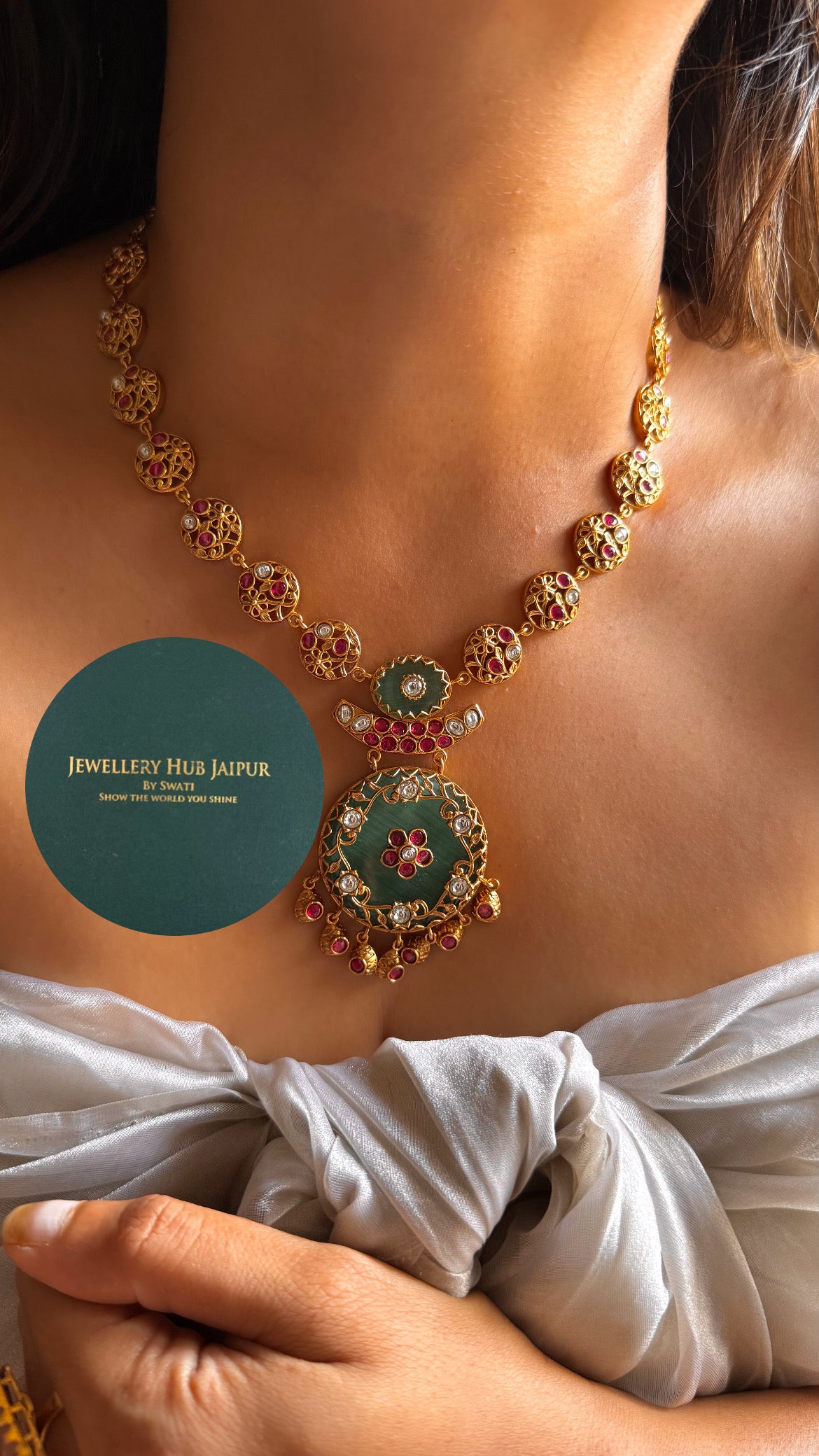 Amrapali inspired Natural stone Mint with rani pink floral inlay collar set